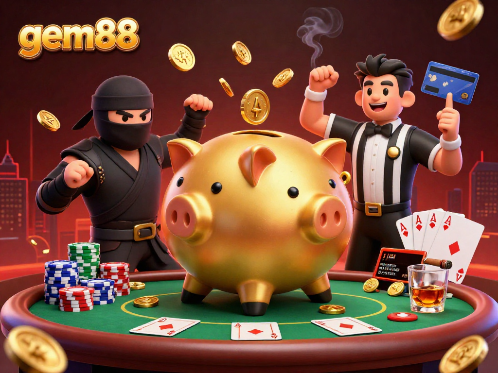 Experience thrilling action at gem88 with a golden piggy bank sumo wrestler amidst a lively poker scene.