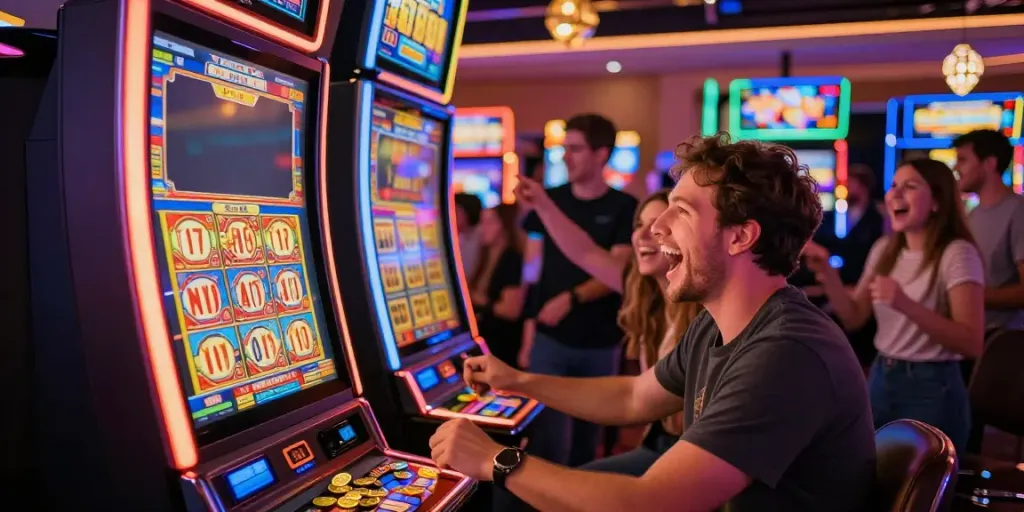 Player celebrating a slot jackpot win in a lively casino environment with colorful slot machines.