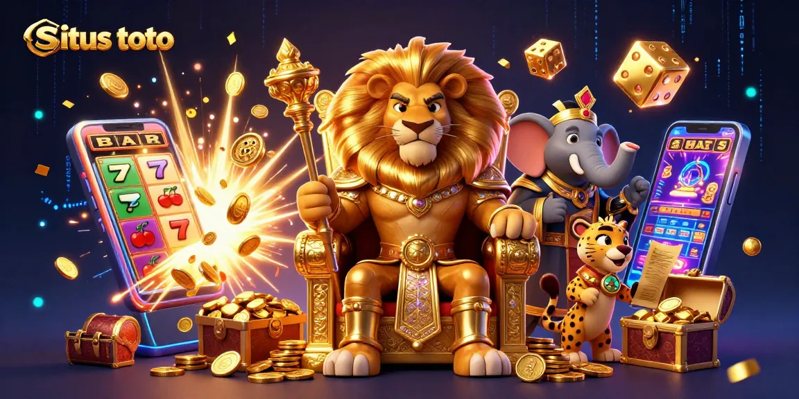 Situs toto reveals the vibrant energy of gambling with a majestic lion king, elephant advisor, and cheetah messenger surrounded by enchanting casino elements.