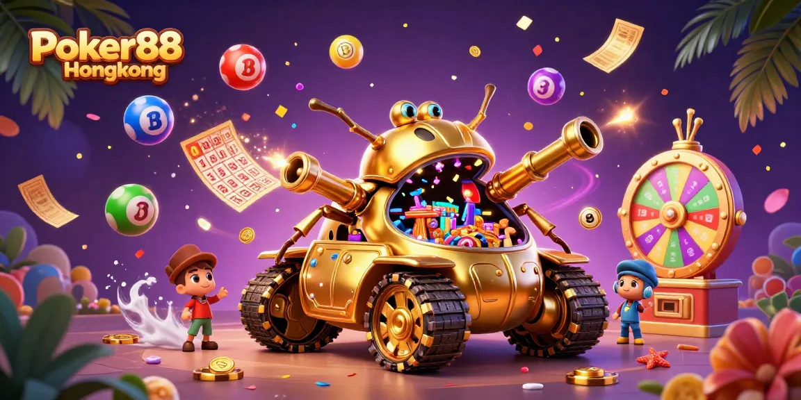 Experience the thrilling excitement of Poker88 Hongkong with a vibrant 3D casino scene featuring a golden beetle tank and lively game elements.