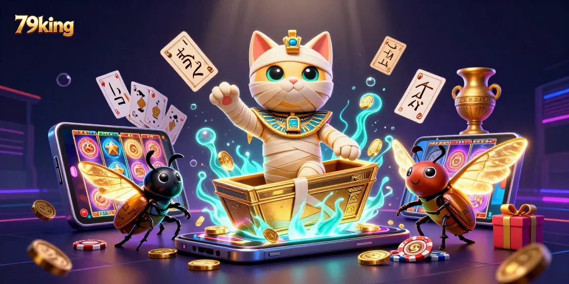 Win big with 79king, featuring a lively scene of a mummy cat in a casino!