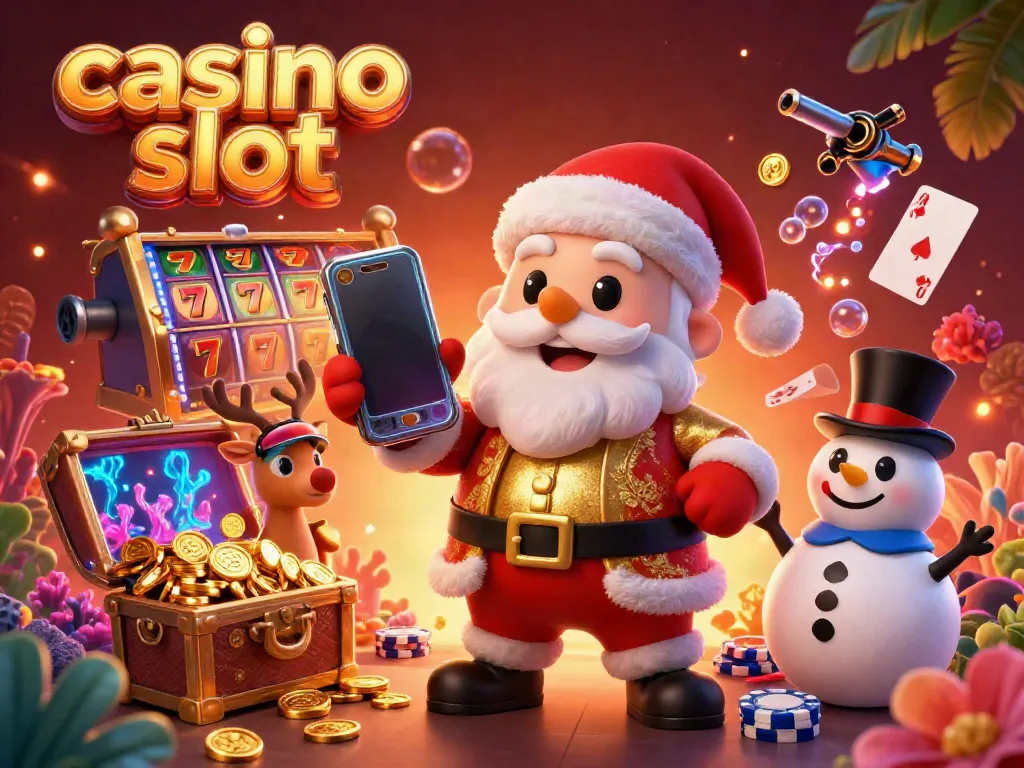 Experience thrilling gameplay with casino slot excitement featuring Santa, a reindeer dealer, and a poker chip snowman.