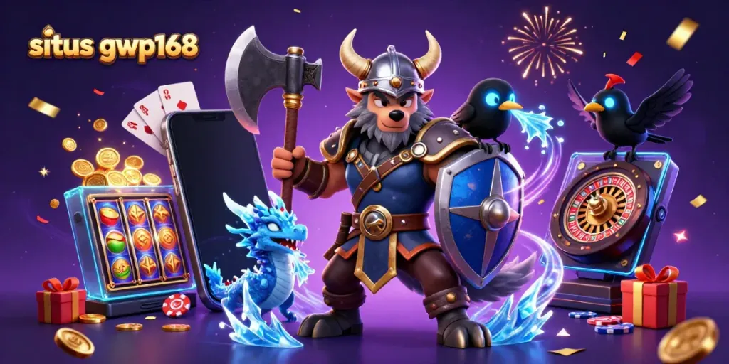 Menangkan permainan di situs gwp168 dengan karakter Viking dan slot game, dikelilingi efek pesta.