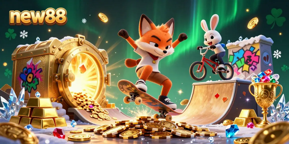 Join the thrilling adventures of new88 with a skateboarder fox and BMX rabbit in a vibrant casino scene.
