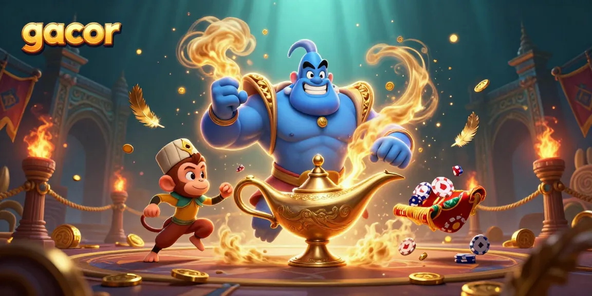 Play gacor slots in a vibrant 3D scene featuring a genie, a monkey, and poker chips.