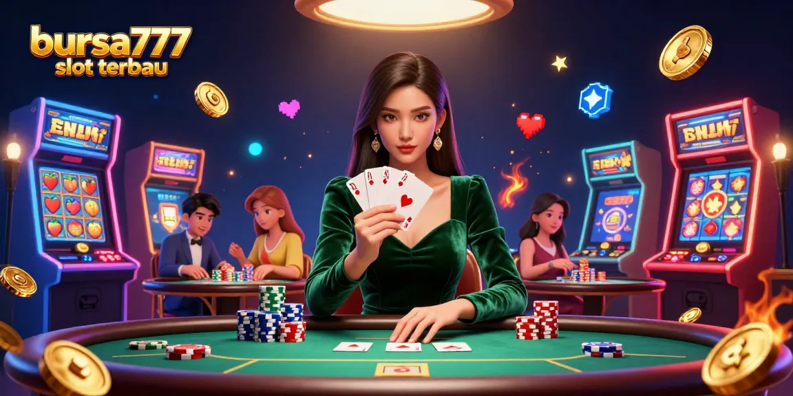 Bursa777 slot terbaru showcases exciting gameplay with a focused player at a luxury poker table surrounded by vibrant gaming elements.