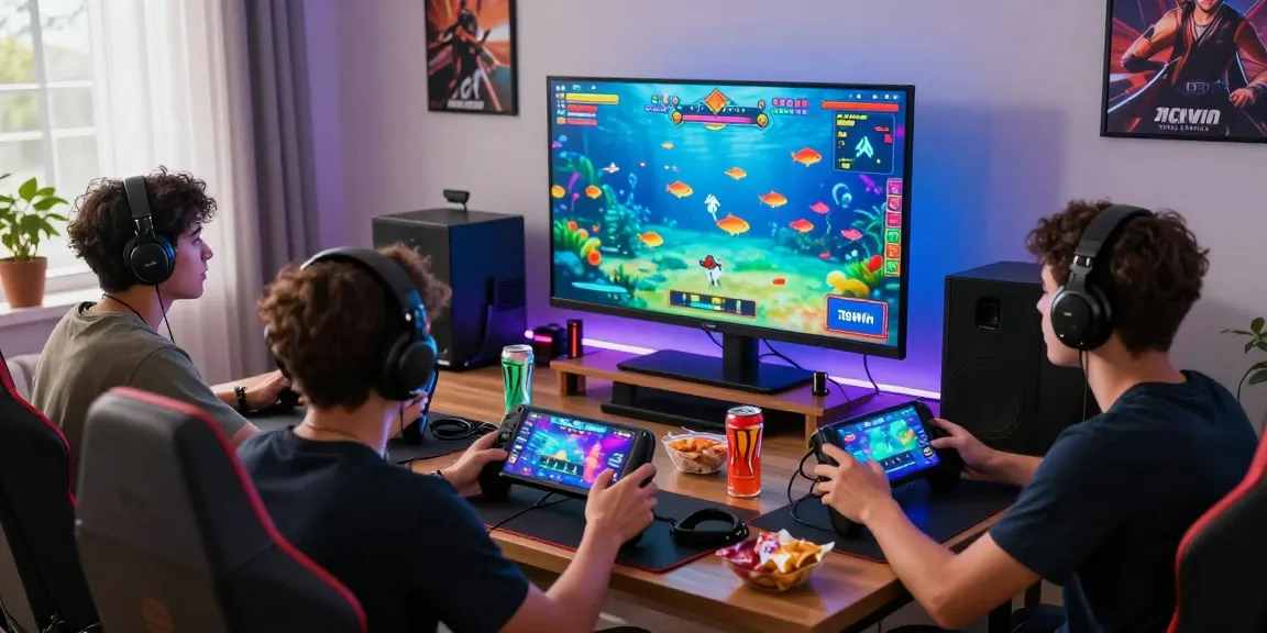 Engaged friends playing 78win fish shooting game in a vibrant living room.