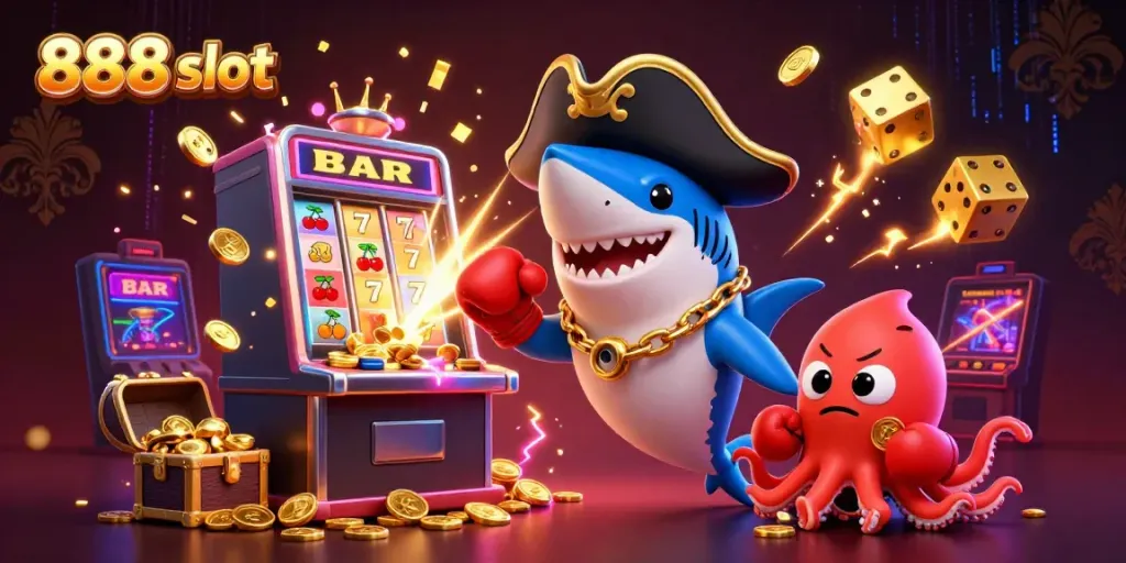 Pemain 888 slot merayakan kemenangan dengan karakter kartun bajak laut, ikan puffer marah, dan bayi cumi yang lucu.