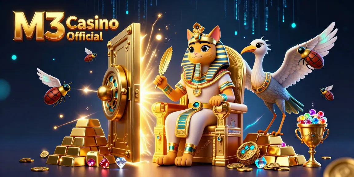 Engage with the vibrant world of M3 Casino Official, featuring a pharaoh cat and treasures in a rich casino scene.