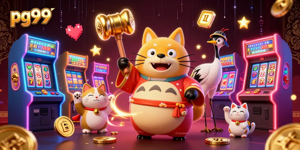Players enjoy the vibrant atmosphere at pg99's exciting slot gaming scene, featuring colorful characters and elements.