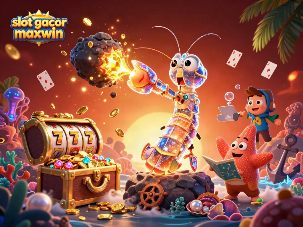 Slot gacor maxwin scene showcasing a mantis shrimp cracking asteroids revealing treasures, enhanced with slot reels.