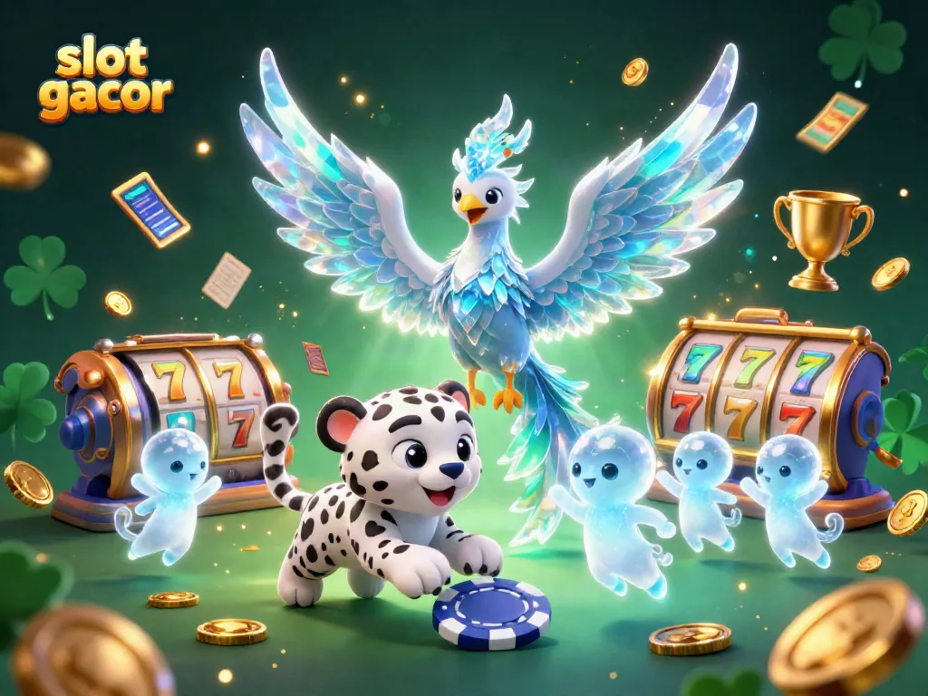 Slot gacor memikat perhatian pemain dengan ilustrasi kasino berwarna cerah dan elemen perjudian yang energik.