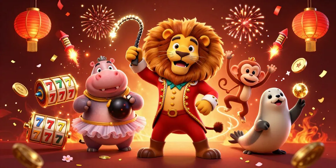 Experience thrilling jackpots at ATAS Casino with a spectacular circus-themed scene of characters and slot elements.