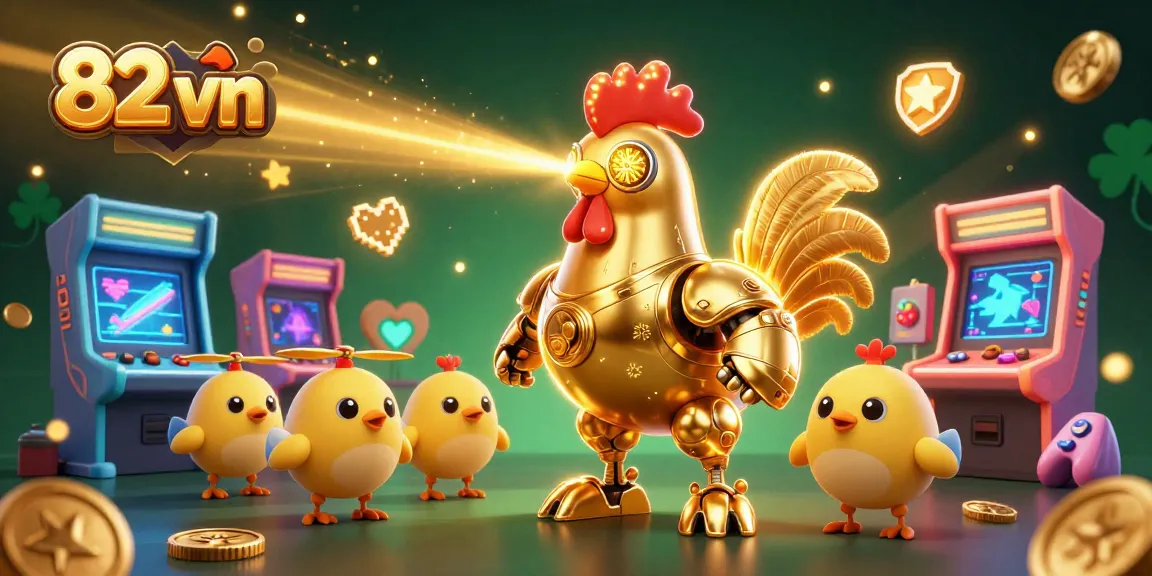 Engage with thrilling gaming experiences at 82 vn, featuring a futuristic golden rooster robot amidst vibrant casino elements.