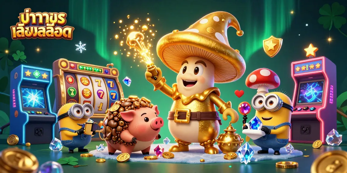 ทดลองเล่นสล็อต ในภาพ 3D สุดแฟนตาซี แสดงถึงเกมสล็อตและการชนะที่ยิ่งใหญ่