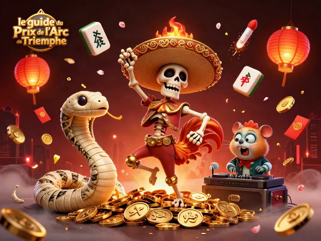Engage in le guide du Prix de l'Arc de Triomphe as vibrant characters celebrate with casino elements in a captivating scene.
