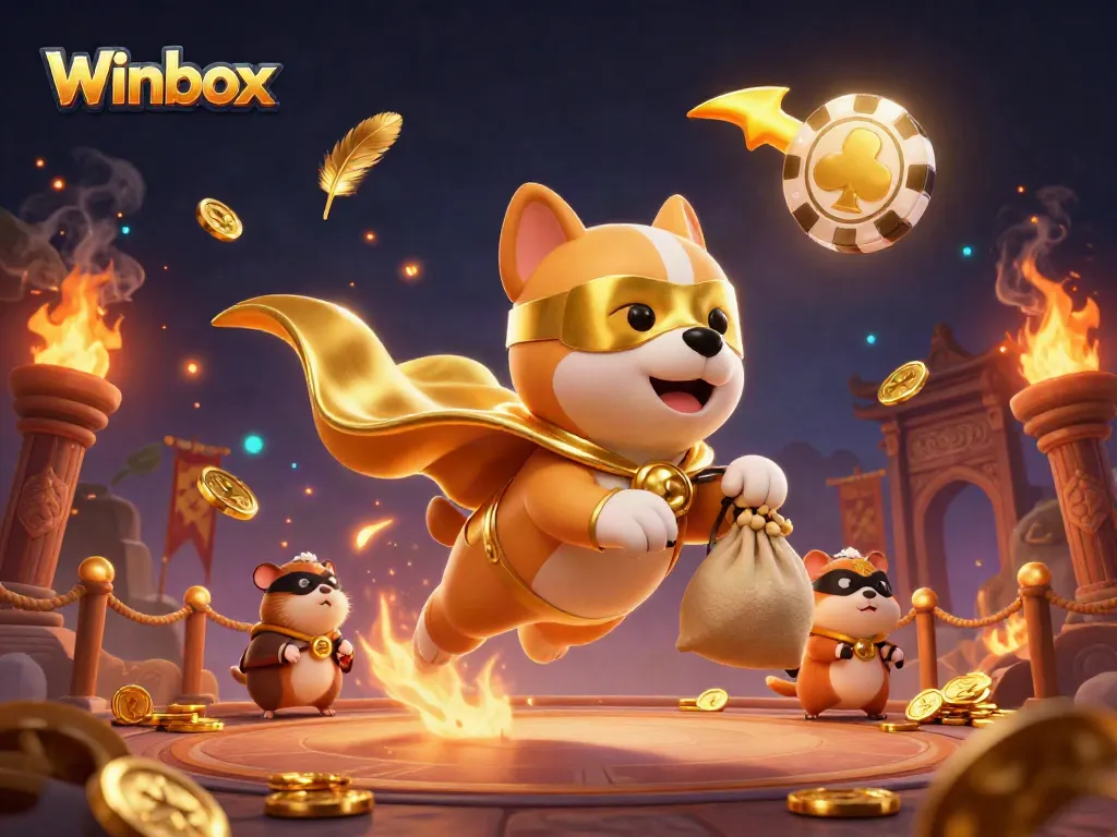 Winbox casino illustration with superhero dog and hamster, vibrant gaming atmosphere.