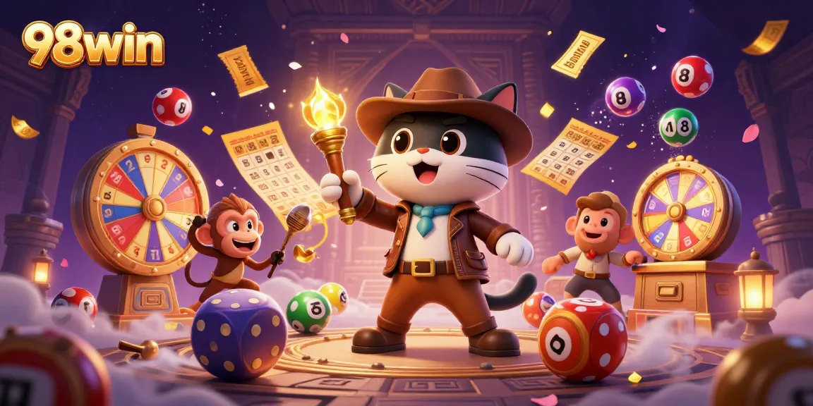Join the excitement at 98win with colorful lottery balls and golden artifacts in a casino-themed adventure.