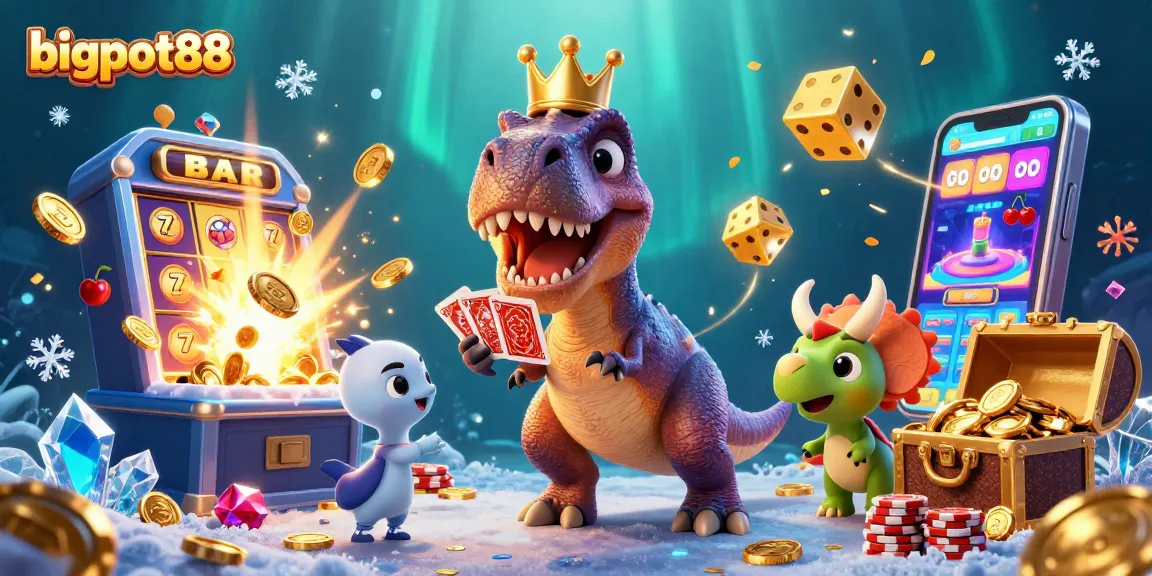 Experience bigpot88 with vibrant visuals of a cartoon T-Rex and friends in a magical casino.