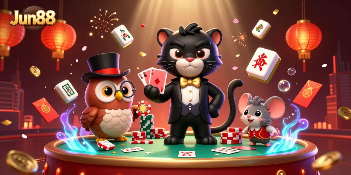 Engage with Jun88's thrilling casino scene as characters deal cards, showcasing excitement in every moment.