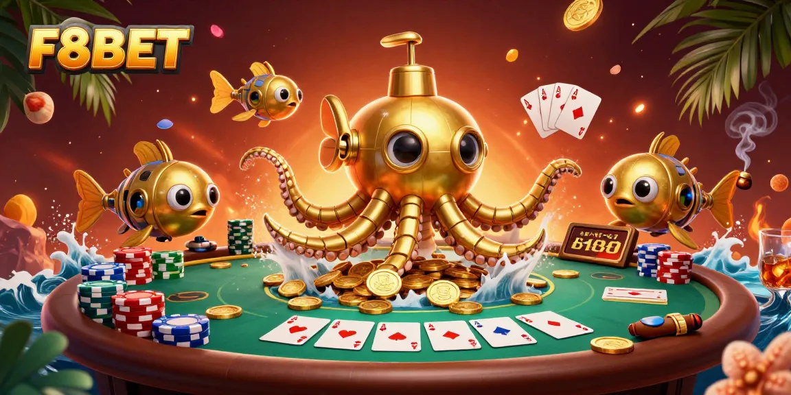 Join the excitement with F8BET as a golden kraken submarine reveals treasures and poker fun!