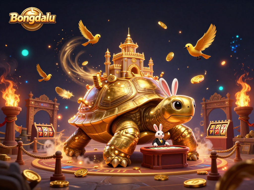 Bongdalu's vibrant 3D casino scene with a golden tortoise, rabbit dealer, and golden coins flying.