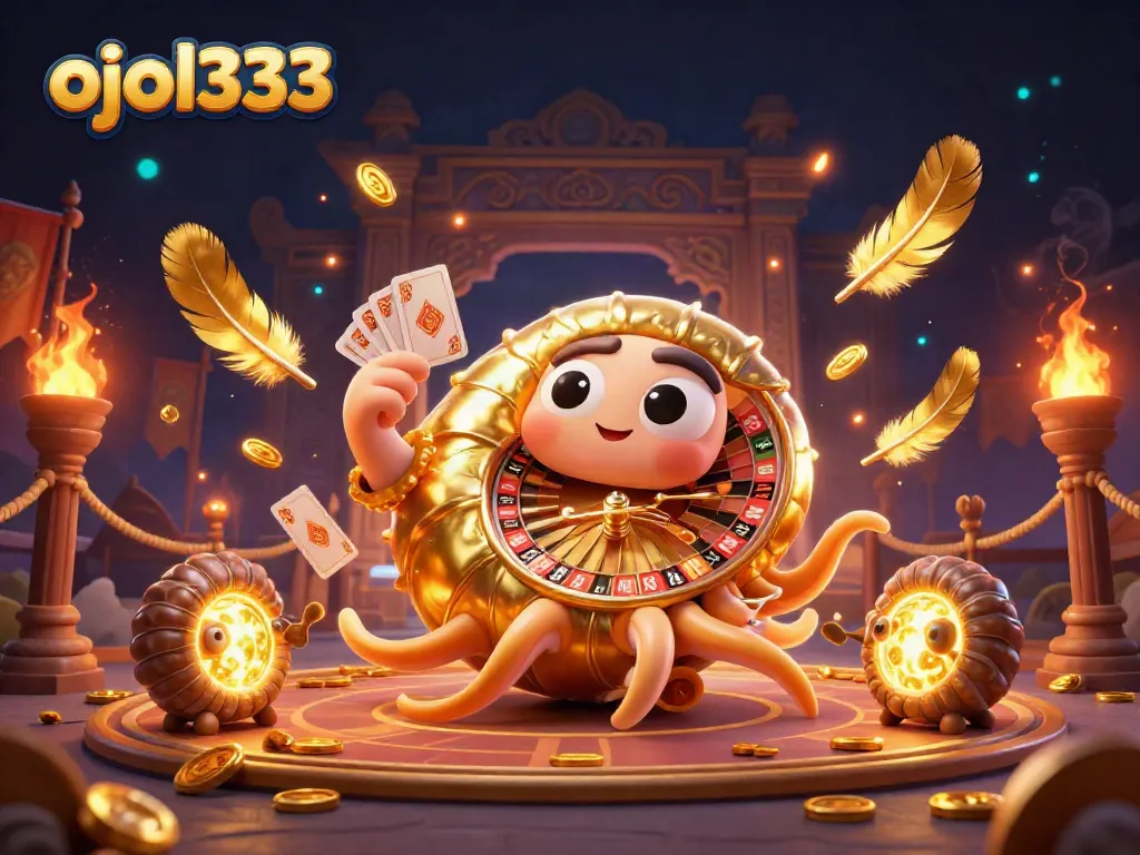 ojol333 showcases a dynamic 3D casino scene with ancient giant nautilus, roulette wheel, and glowing ammonite.