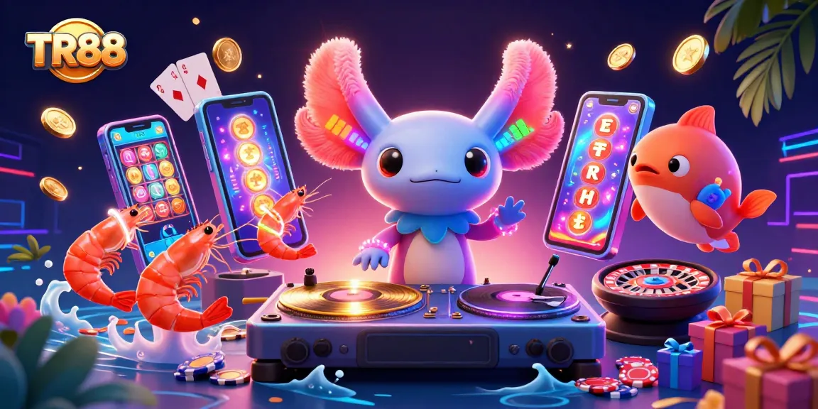 Experience thrilling gaming at TR88 with a vibrant 3D casino scene featuring neon characters and dynamic game elements.