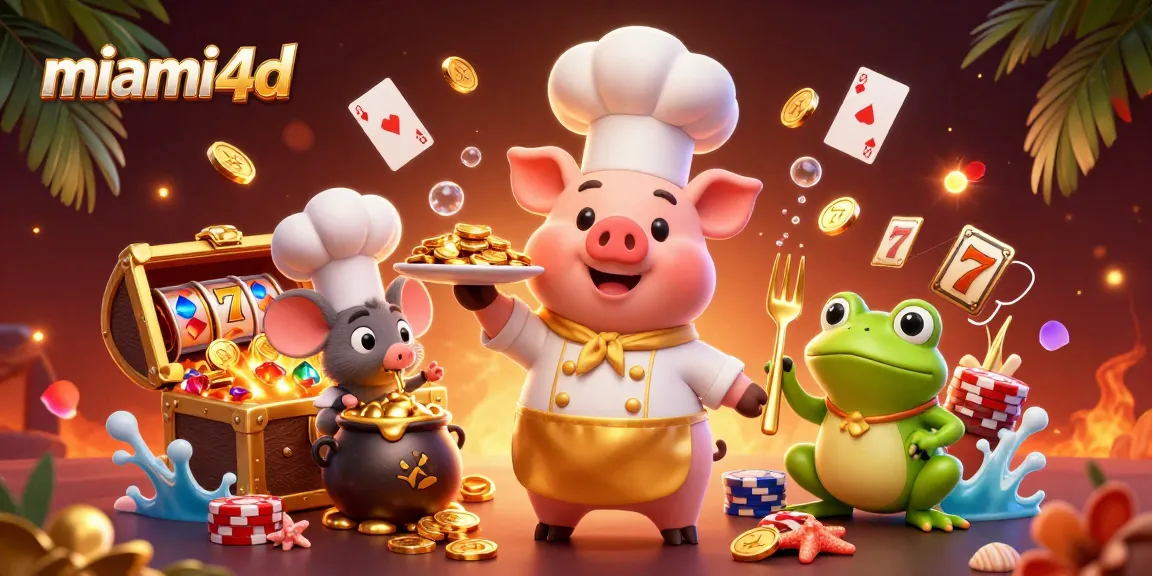 Spin and win with Miami4D’s vibrant 3D casino scene featuring gold coins and critters.