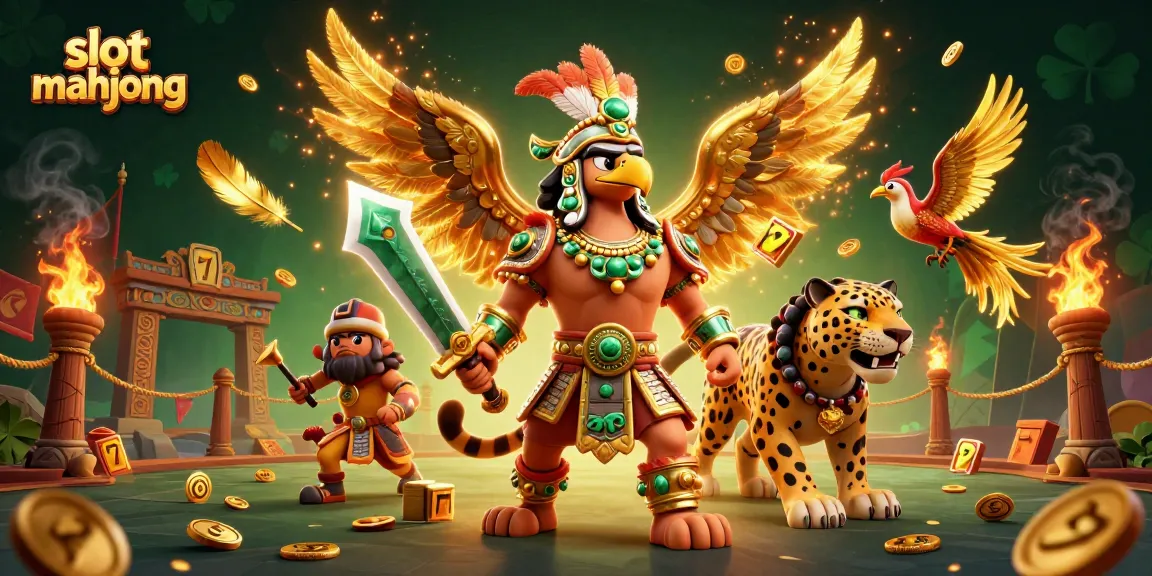 Experience the excitement of slot mahjong with dynamic illustrations of warriors and jackpot elements in a vibrant casino setting.