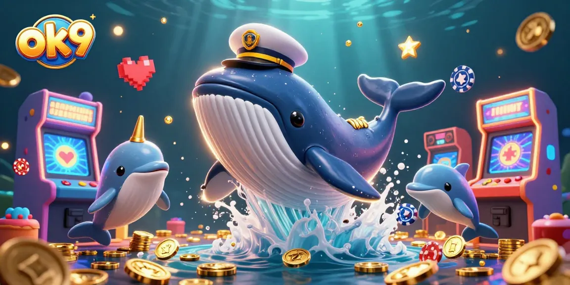 Experience the excitement of ok9 as a cartoon whale breaches a sea of coins while surrounded by playful dolphins.