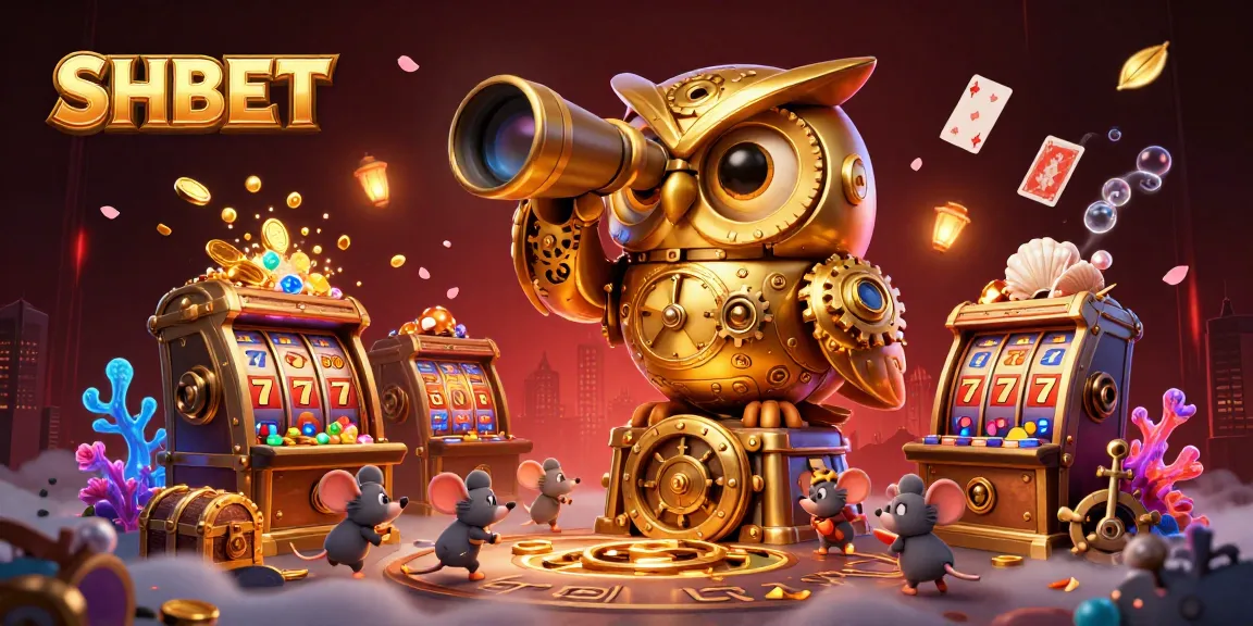 SHBET virtual casino illustration with a golden owl overseeing dynamic slot games and vibrant treasures.
