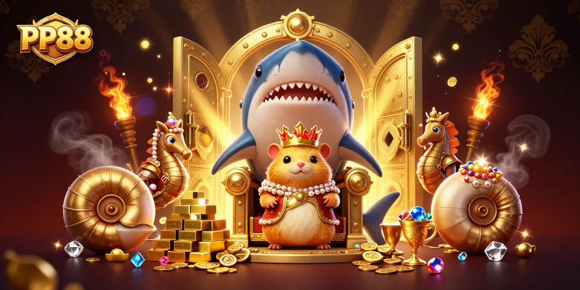 Engage with PP88 online casino, featuring vibrant 3D gold and jewel elements with a hamster king.