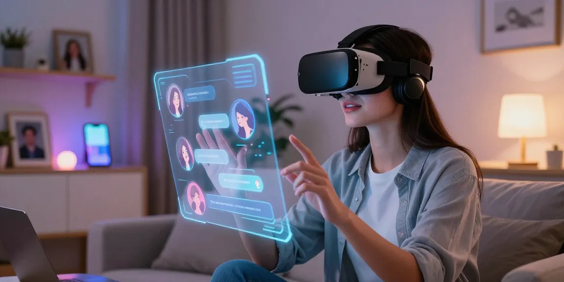 Engaging with an AI girlfriend in a modern virtual environment, showcasing immersive technology and a cozy setting.