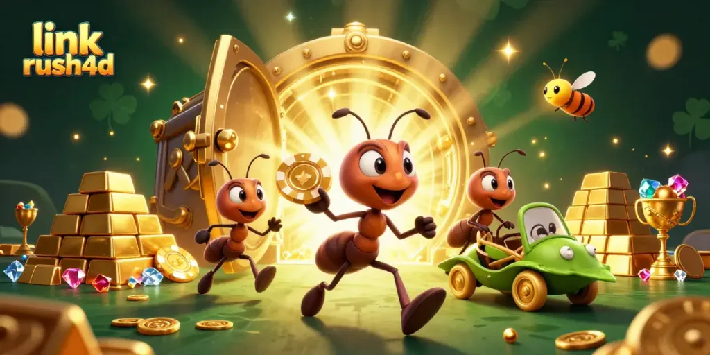 Ant tim 3D mencuri chip poker emas di link rush4d dengan latar belakang kasino megah.