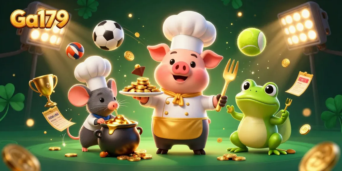 Experience thrilling gaming with Ga179, featuring a chef pig, mouse, and frog in a dynamic casino scene.