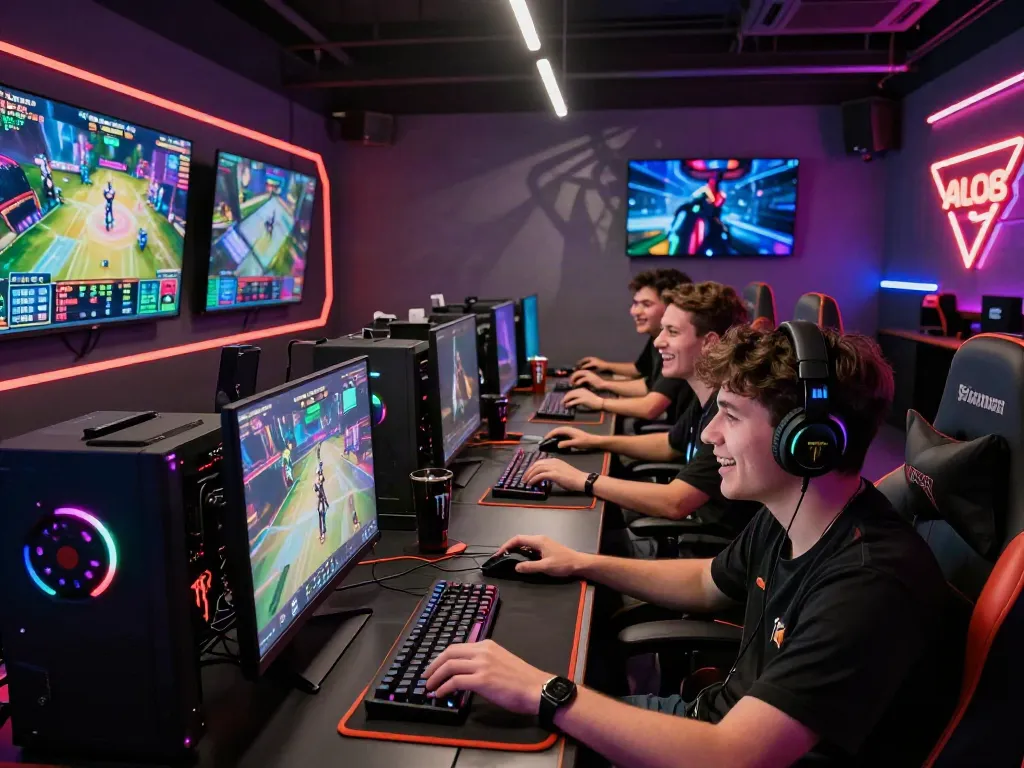 Players enjoying the ALO8 online gaming experience in a vibrant lounge