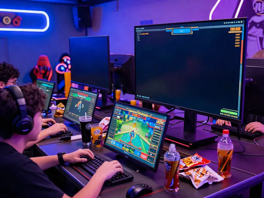 Players engaged in unsurtoto gaming, showcasing colorful interfaces and competitive atmosphere in a neon-lit environment.