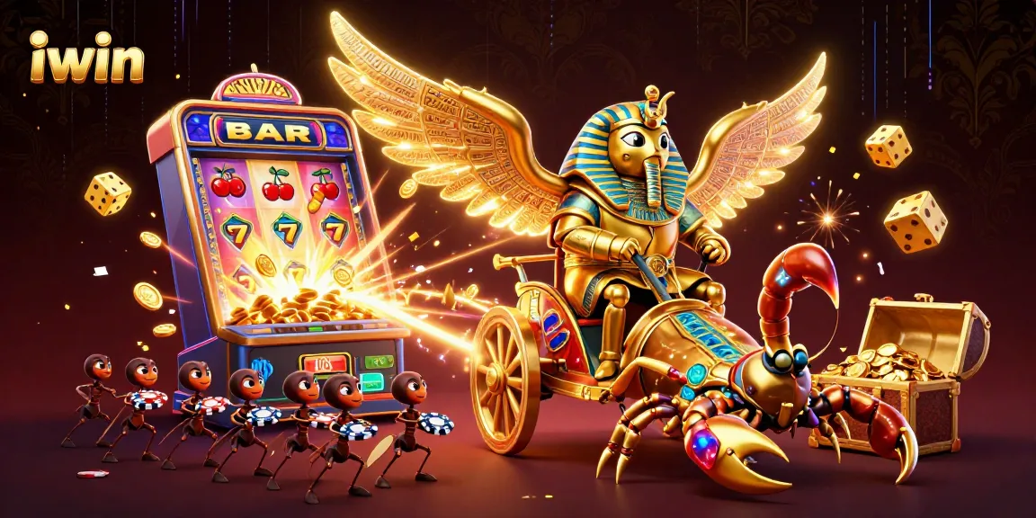Engage with vibrant iwin casino games featuring a golden scarab beetle amidst jackpot excitement.