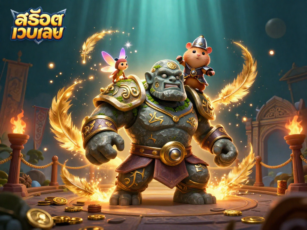 Experience thrilling wins at สล็อตเว็บตรง with this enchanting 3D illustration featuring a magical stone golem and companions.