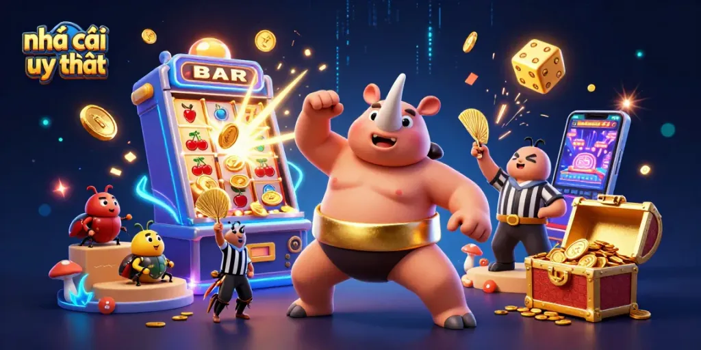 Experience thrilling action at nhà cái uy tín with a vibrant 3D casino illustration of a sumo beetle stomping gold coins.