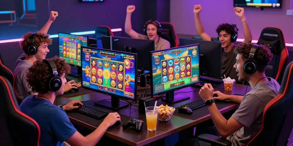 Friends enjoying a slot online game in a vibrant gaming setup with exciting graphics.