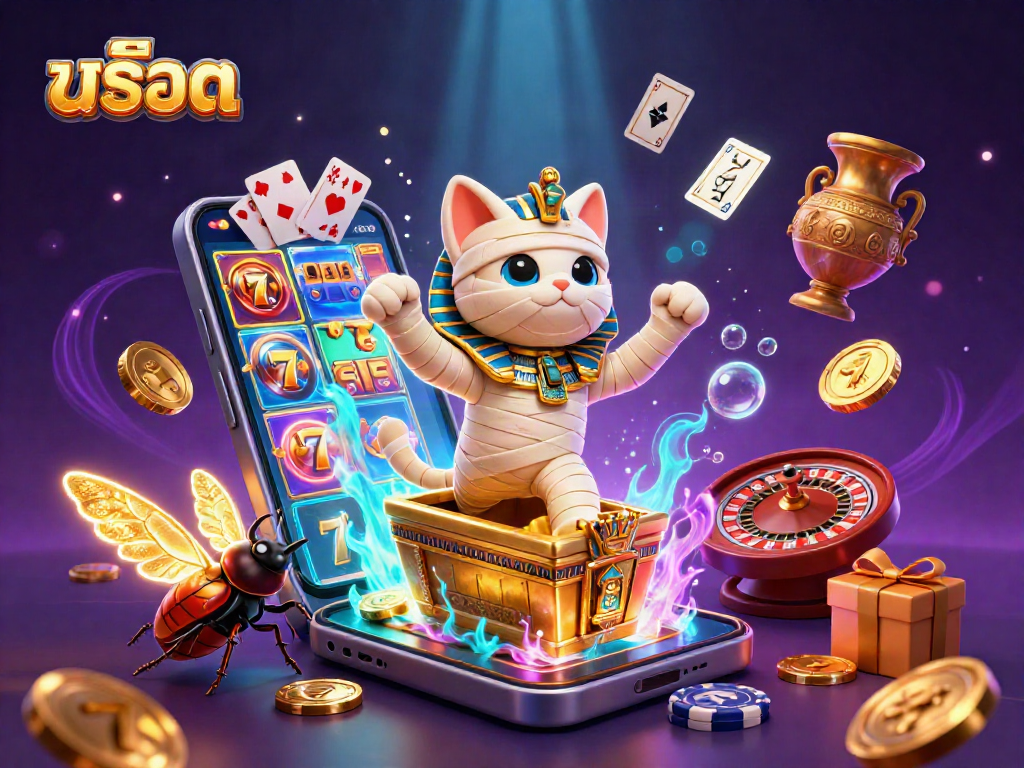 Engage with สล็อต gaming adventures featuring a mummy cat and vibrant slot elements in this 3D illustration.