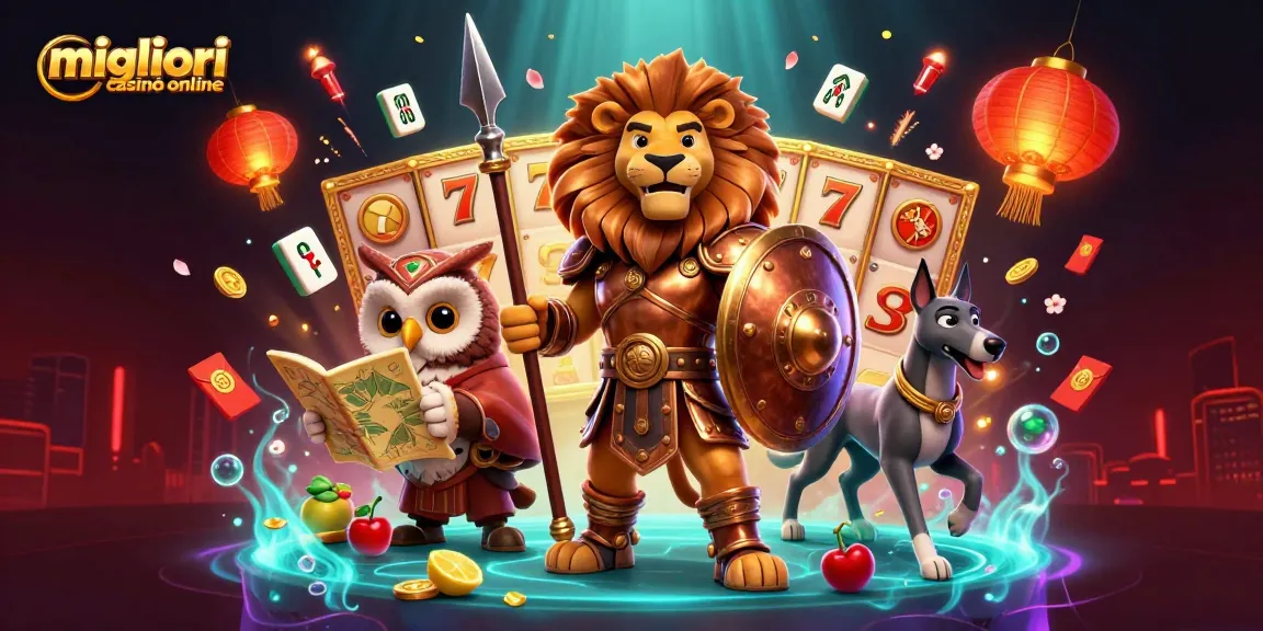 Illustrazione dinamica 3D dei migliori casinò online con un leone spartano, un gufo e un levriero con elementi di gioco.