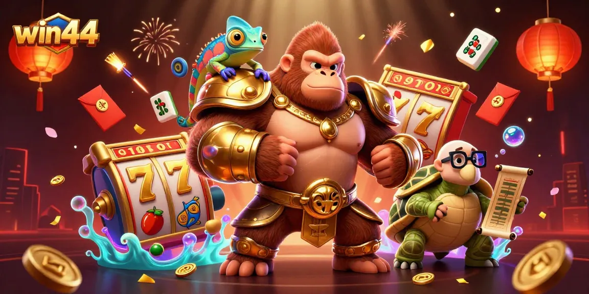 Experience excitement at win44, featuring a powerful 3D gorilla king and vibrant casino elements.