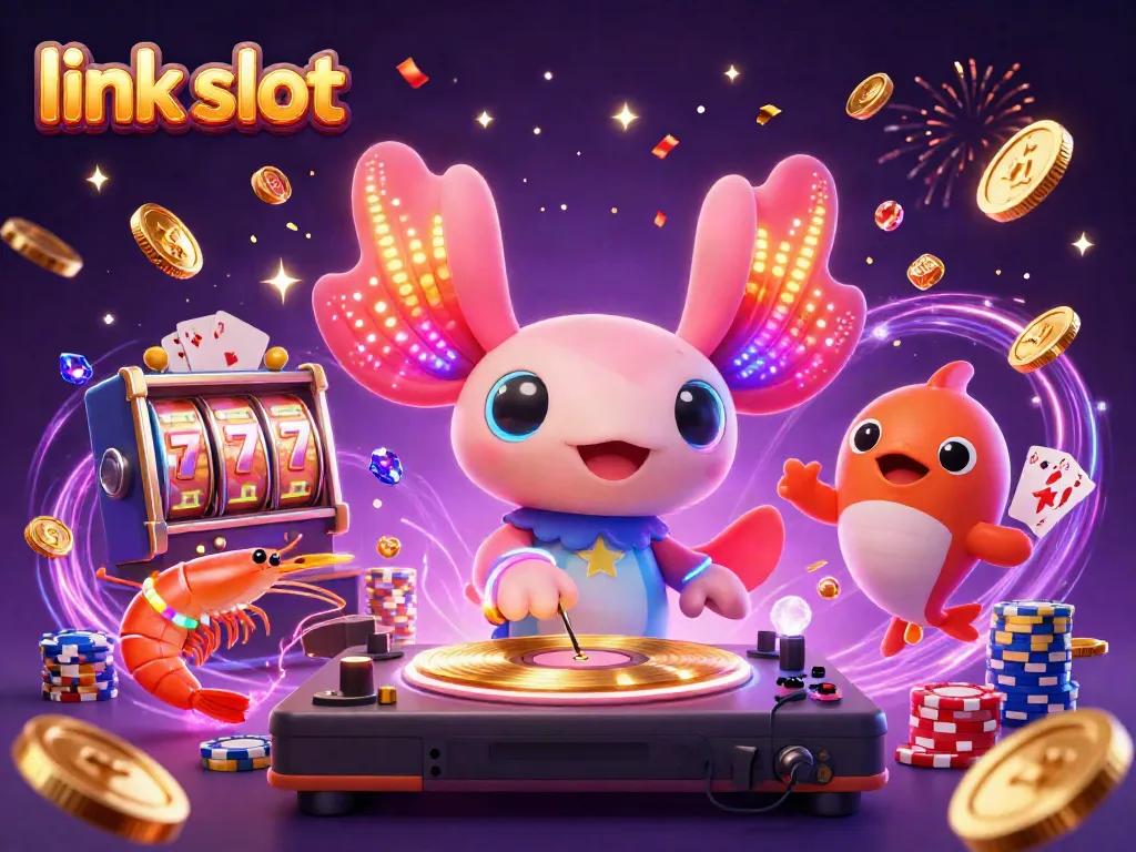 Slot machine "link slot" dengan karakter DJ aksolotl 3D dan uang emas terbang, menggambarkan dunia kasino.