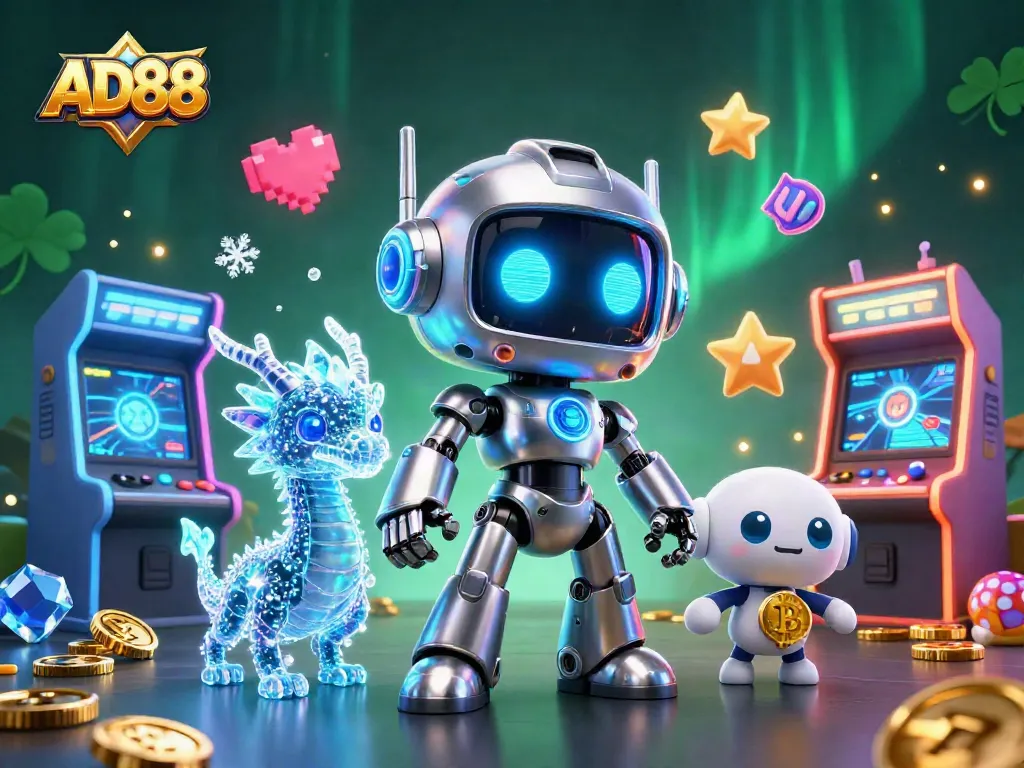 Engage with the exciting world of AD88 gaming with a vibrant 3D illustration showcasing neon cyberpunk robots and crypto elements.