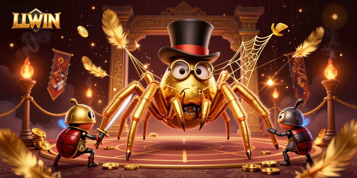 LLWIN showcases a dynamic scene of a cartoon tarantula and a beetle knight amidst a vibrant casino backdrop.