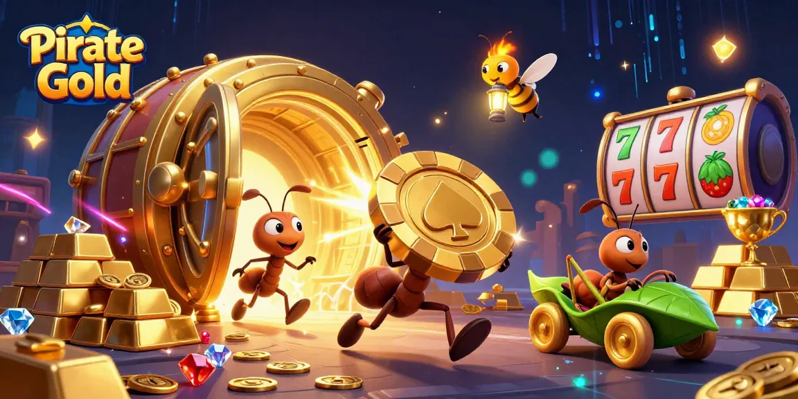 Experience Pirate Gold with ants heisting a giant poker chip in a vibrant casino scene