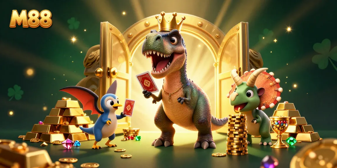 M88 menghadirkan ilustrasi kasino 3D yang hidup dengan karakter dinosaurik dan elemen permainan, memperkuat suasana taruhan online.
